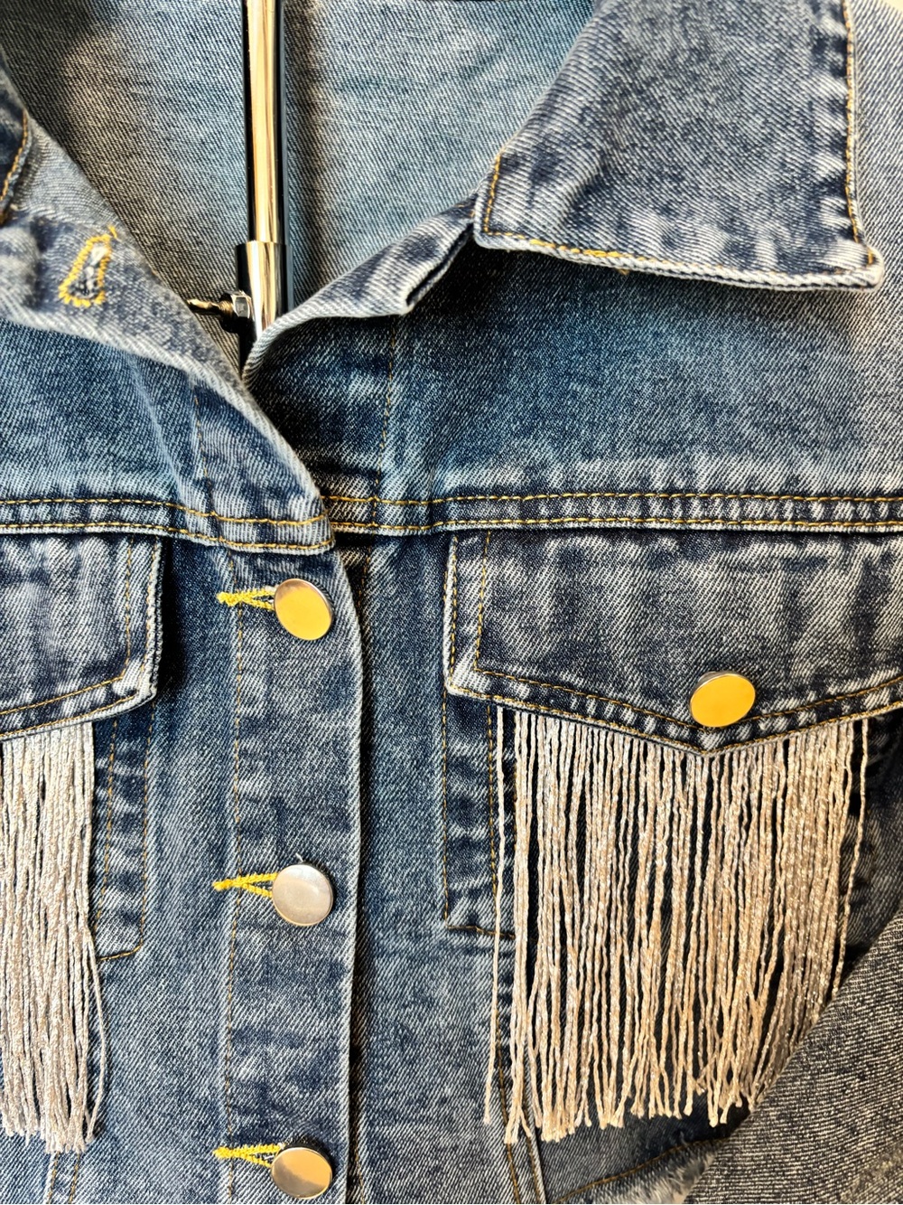 Women’s Cropped Denim Jacket Silver Fringe Western Boho Approx M - Picture 3 of 7